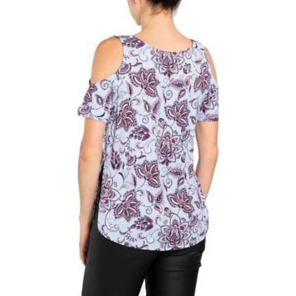 Love Fire Womens Cold Shoulder Top Size L Multicolor Floral V-Neck Short Sleeve - Picture 2 of 7